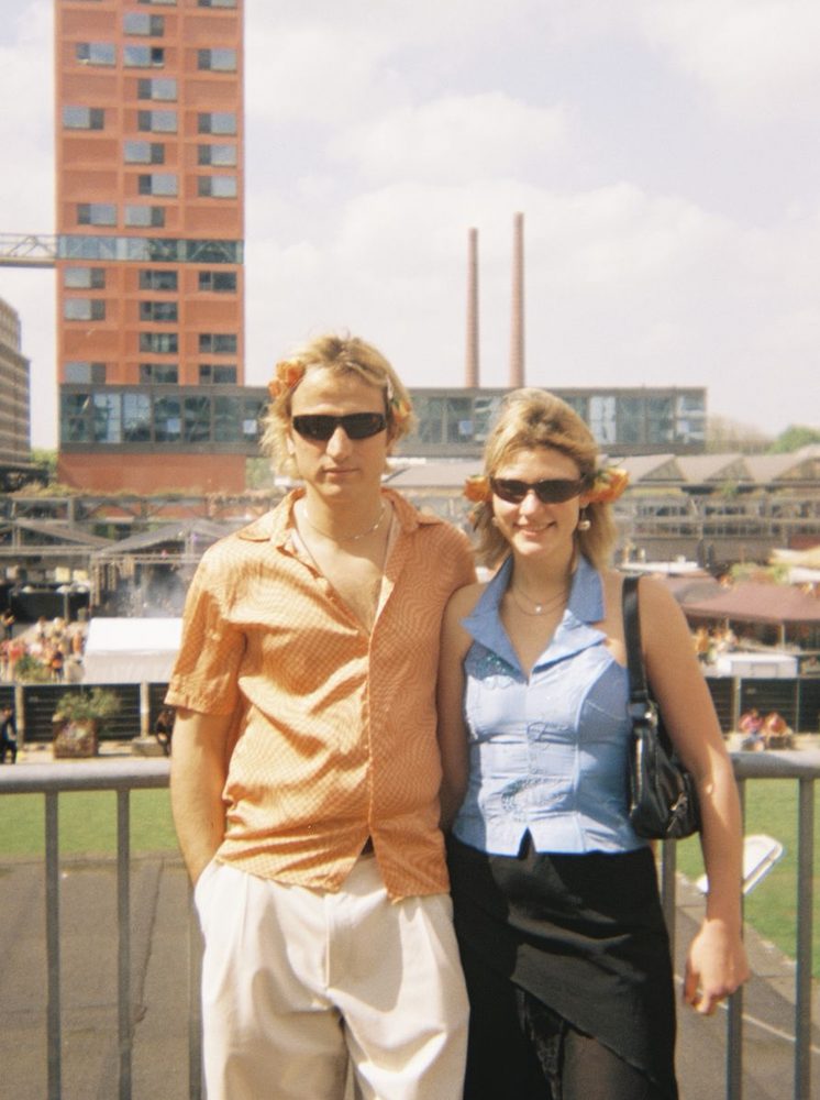 Mahir and Katya on the walkway above Strijp-S, with the funfair below
